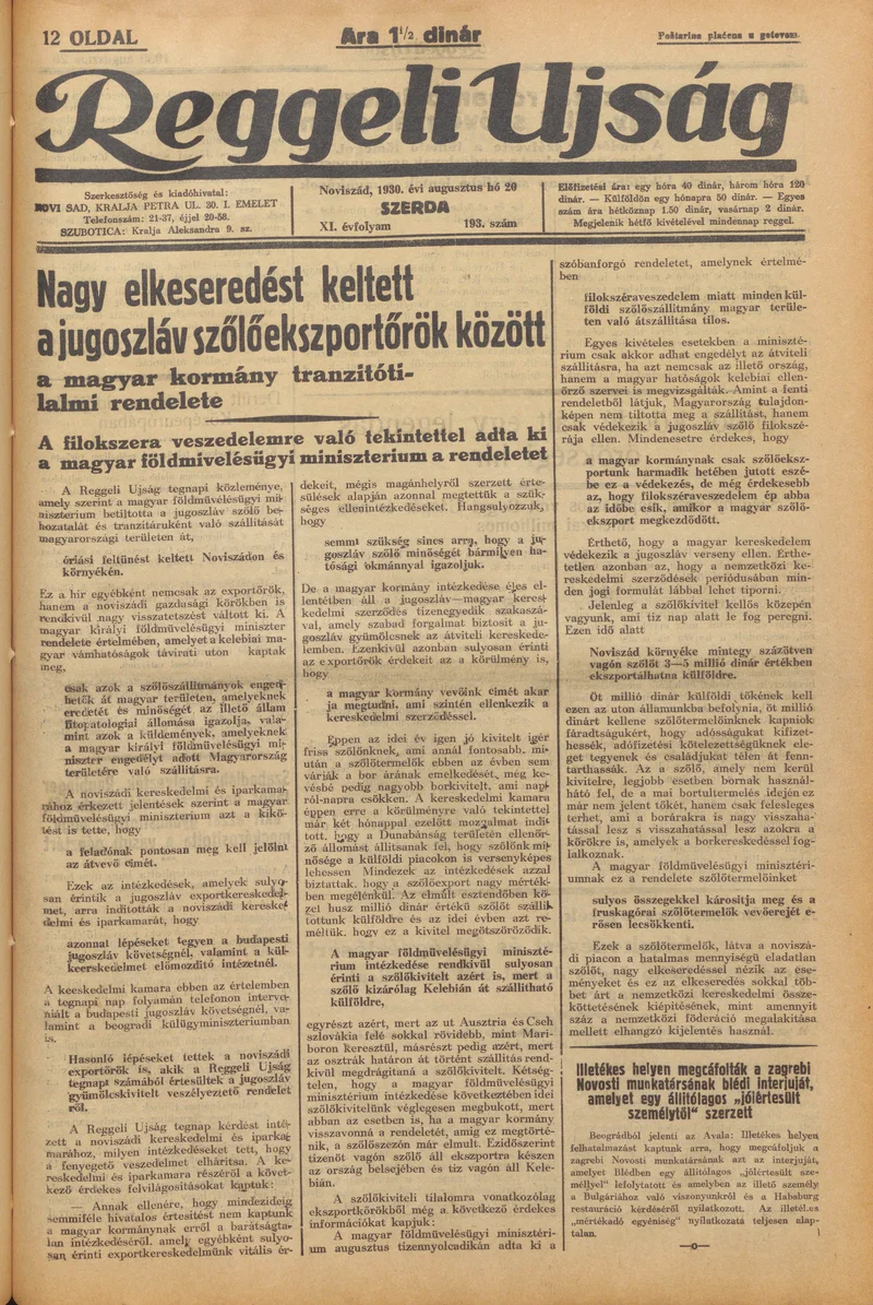 Reggeli Újság, 11. évf. 1930. augusztus 20. 193. sz.