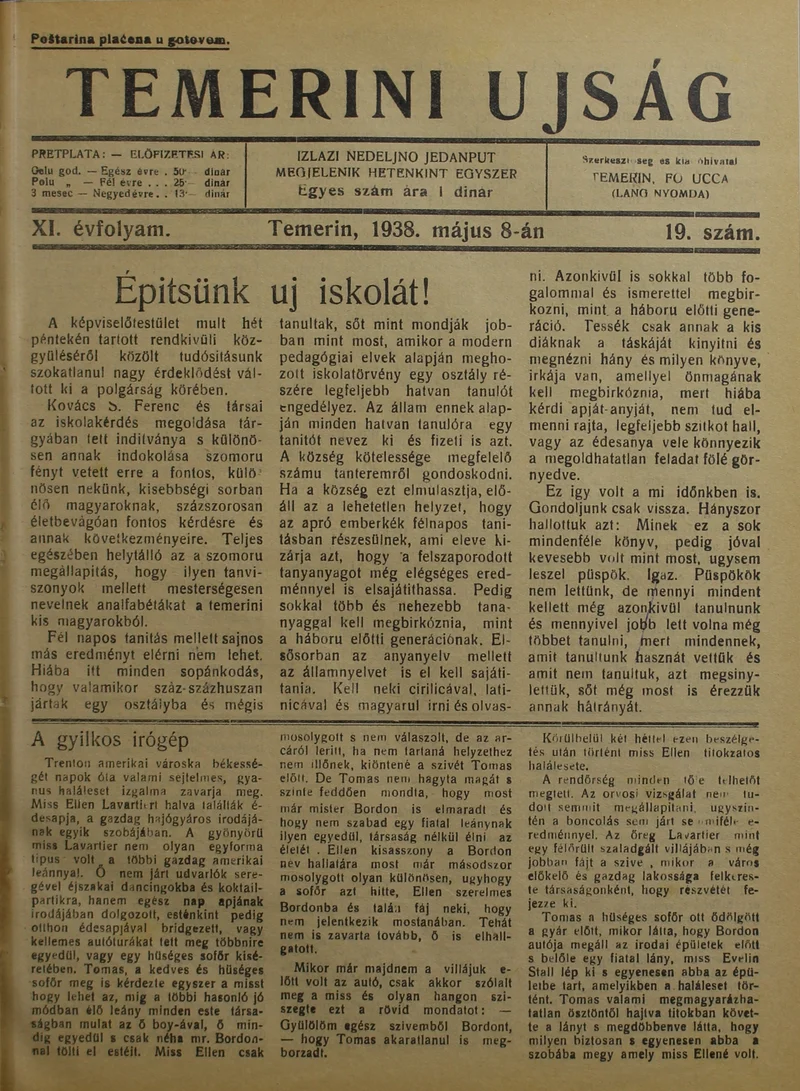 Temerini Újság 1928-1944, 11. évf. 1938. május 8. 19. sz.