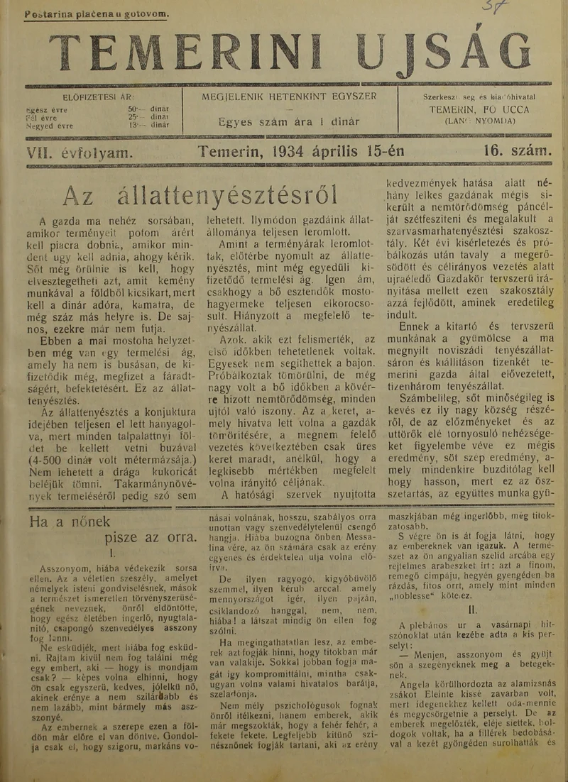 Temerini Újság 1928-1944, 7. évf. 1934. április 15. 16. sz.