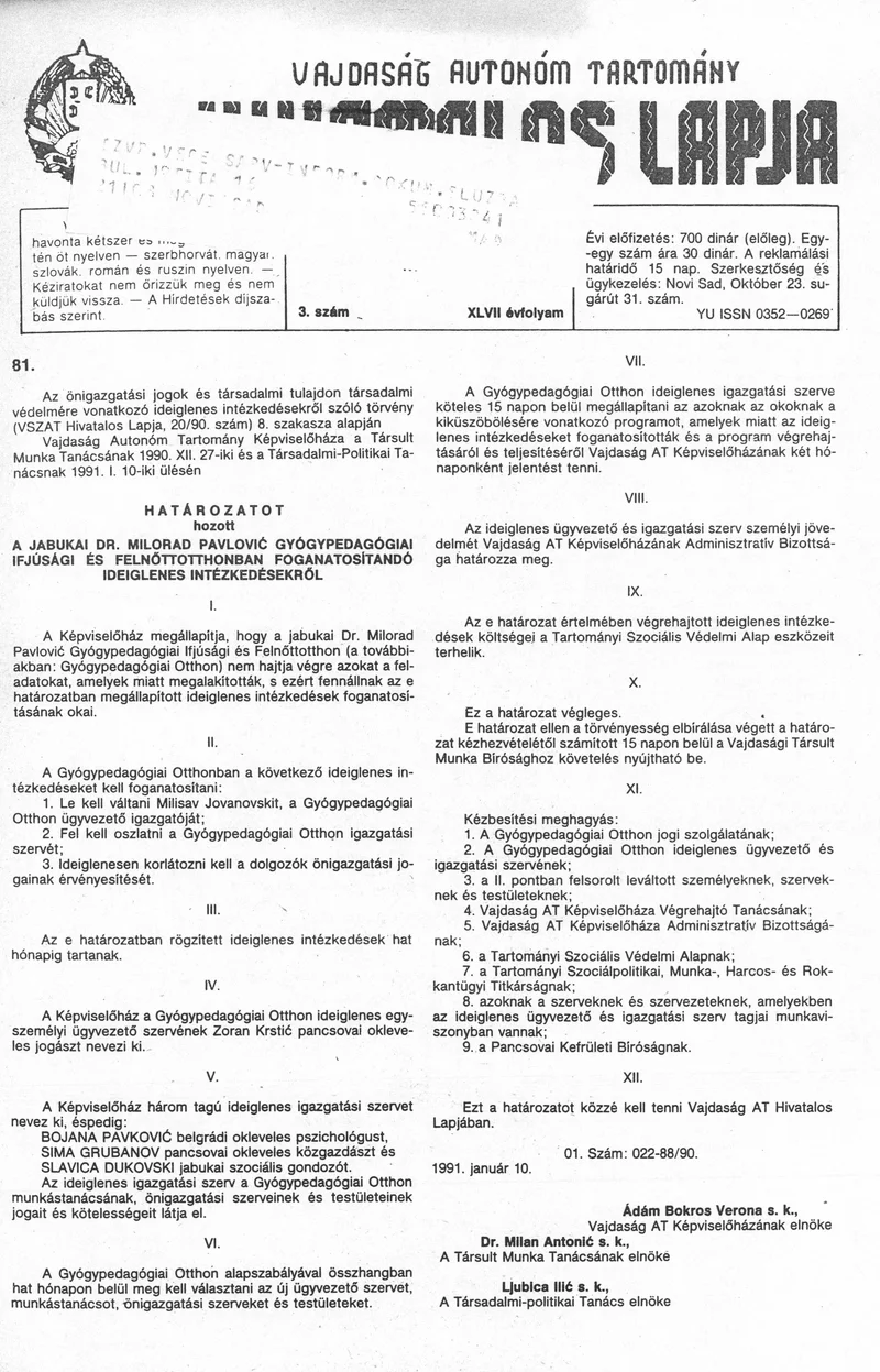 Vajdaság Szocialista Autonóm Tartomány Hivatalos Lapja, 47. évf. 1991. január 31. 3. sz.