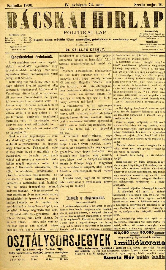Bácskai Hirlap, 4. évf. 1900. május 16. 74. sz.