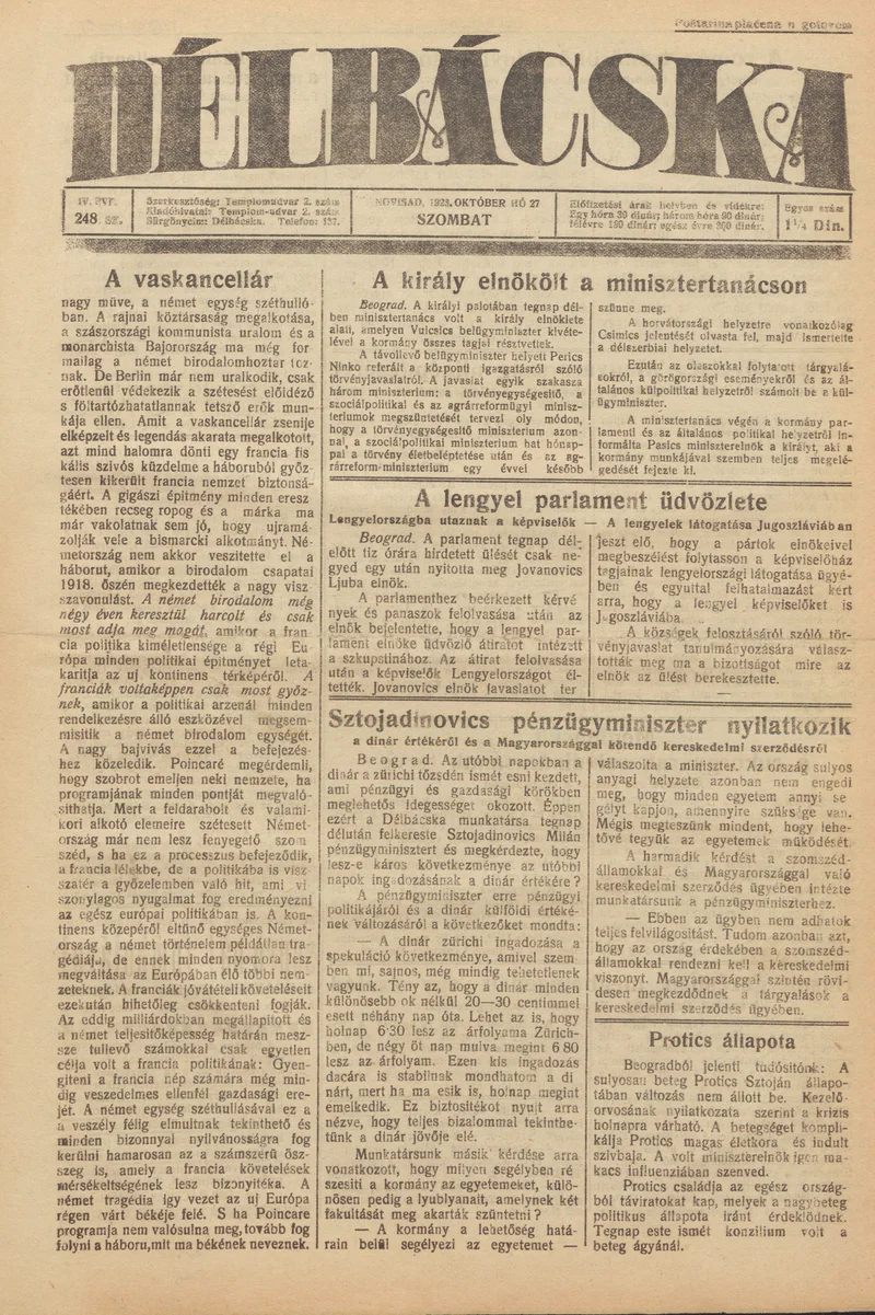 Délbácska, 4. évf. 1923. október 27. 248. sz.