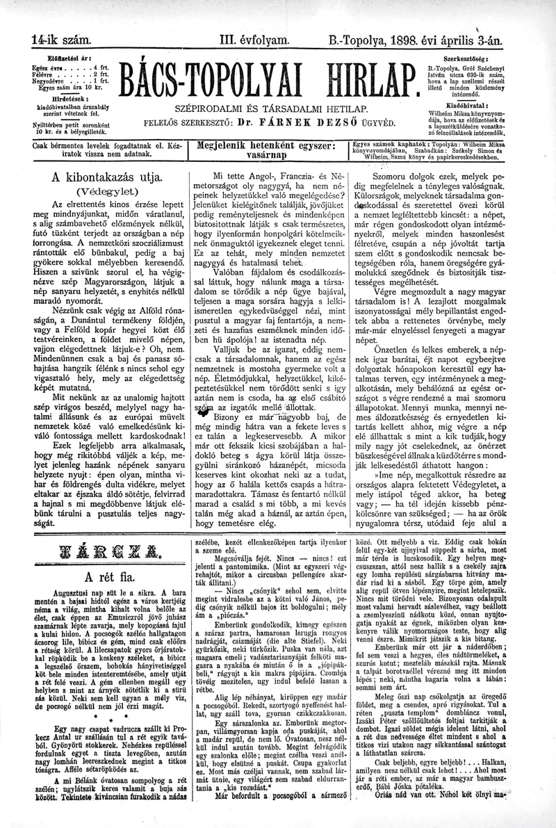 Bács-Topolyai Hirlap, 3. évf. 1898. április 3. 14. sz.