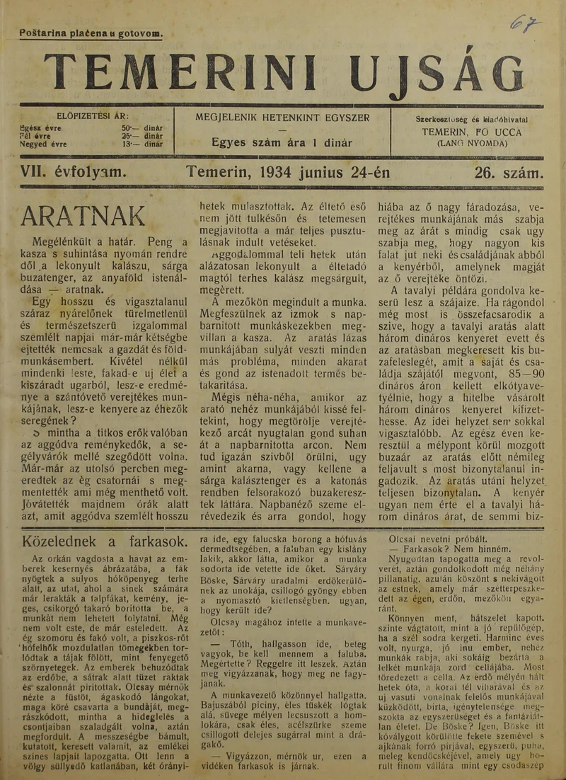 Temerini Újság 1928-1944, 7. évf. 1934. június 24. 26. sz.