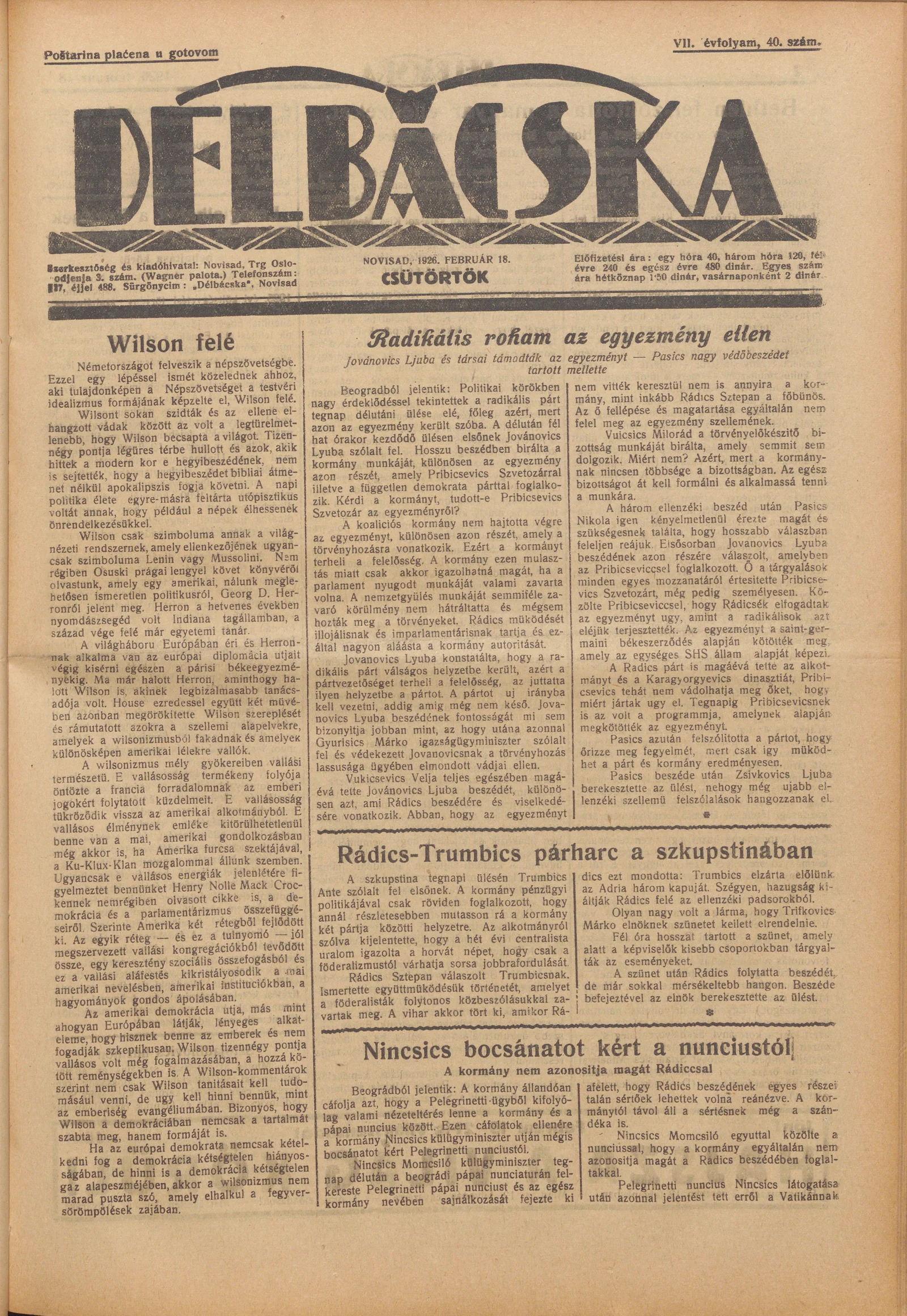 Délbácska, 7. évf. 1926. február 18. 40. sz.