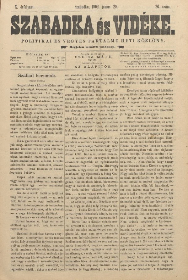 Szabadka és vidéke II, 10. évf. 1902. június 29. 26. sz.