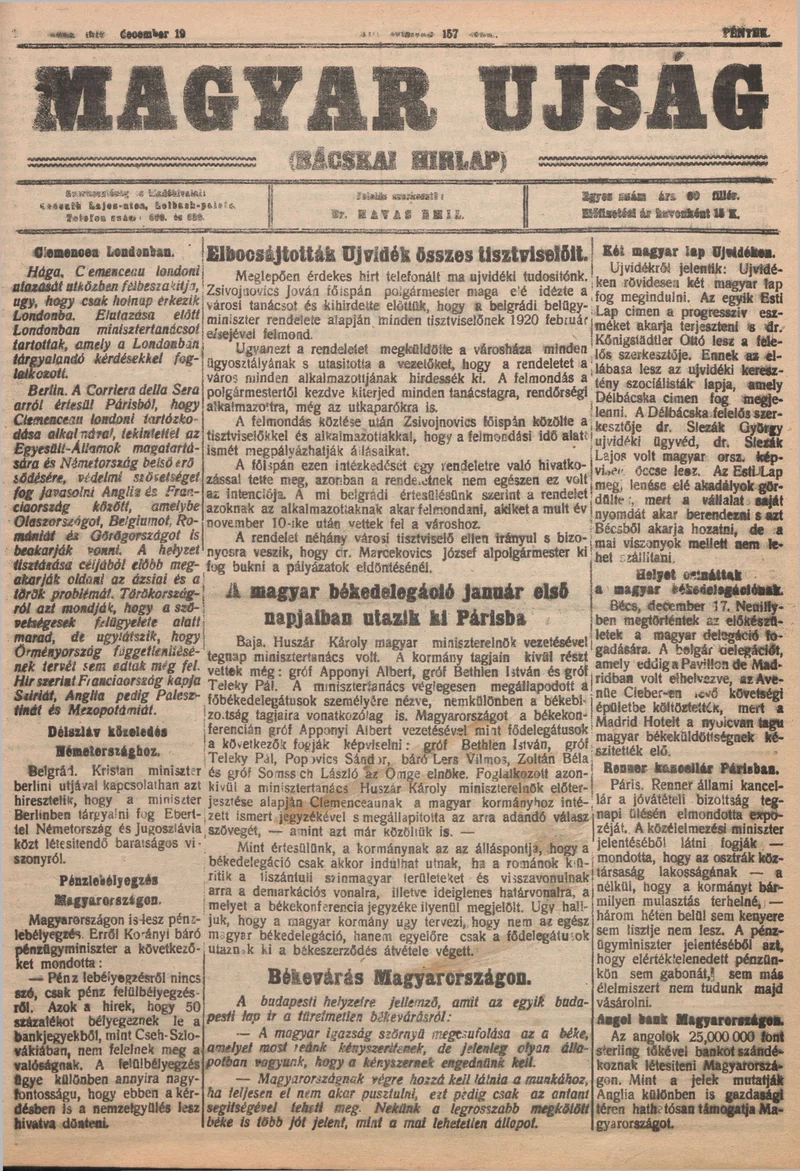 Bácskai Hirlap, 23. évf. 1919. december 19. 157. sz.