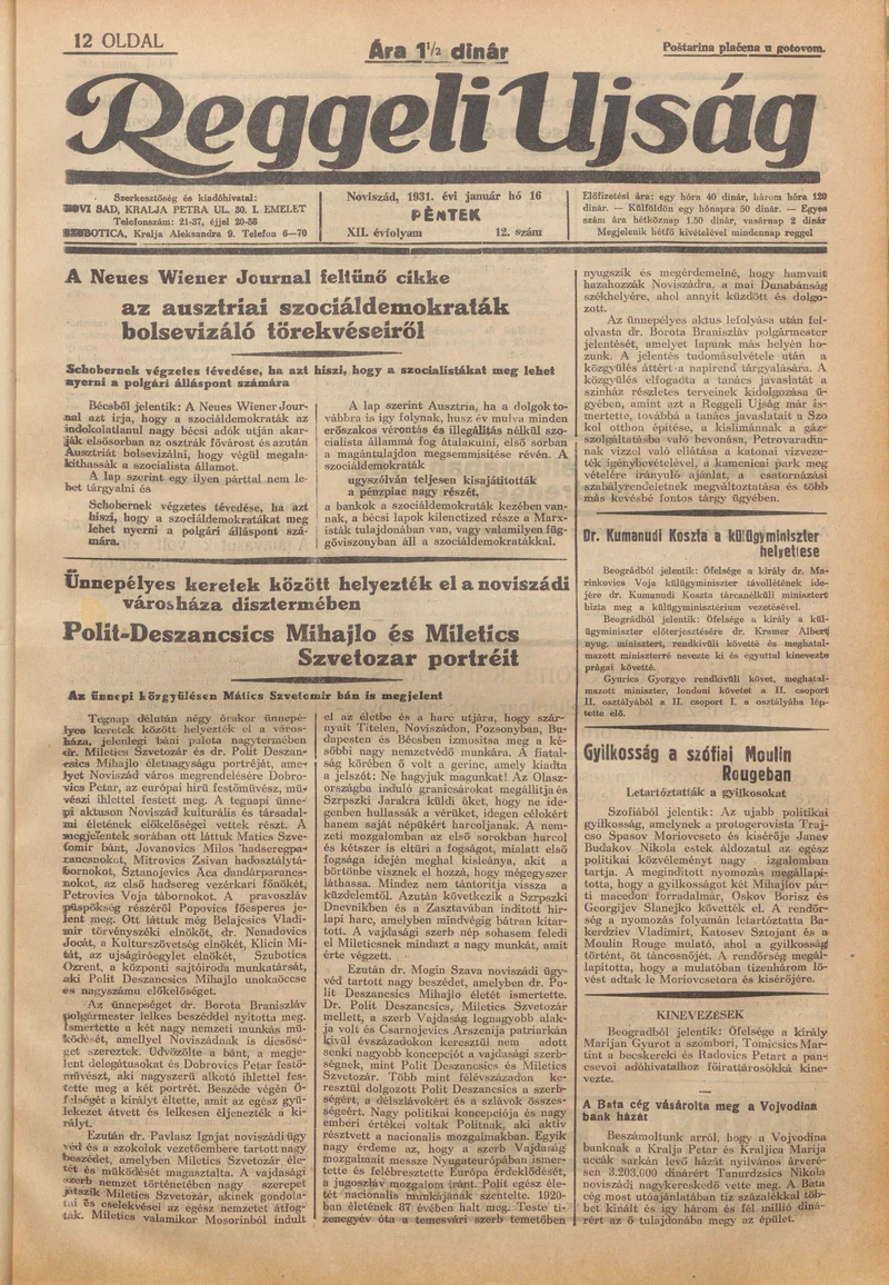 Reggeli Újság, 12. évf. 1931. január 16. 12. sz.