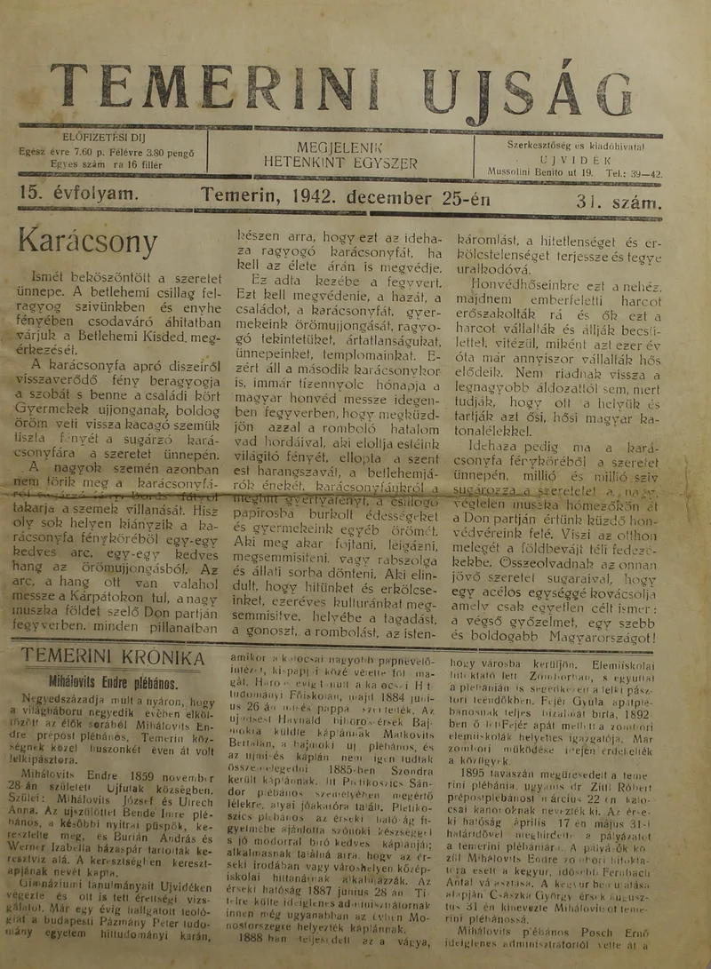 Temerini Újság 1928-1944, 15. évf. 1942. december 25. 31. sz.