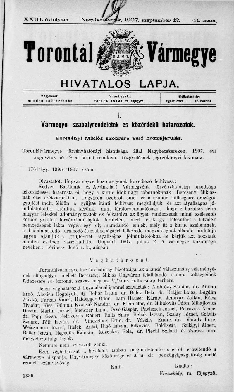 Torontál Vármegye Hivatalos Lapja, 23. évf. 1907. szeptember 12. 41. sz.