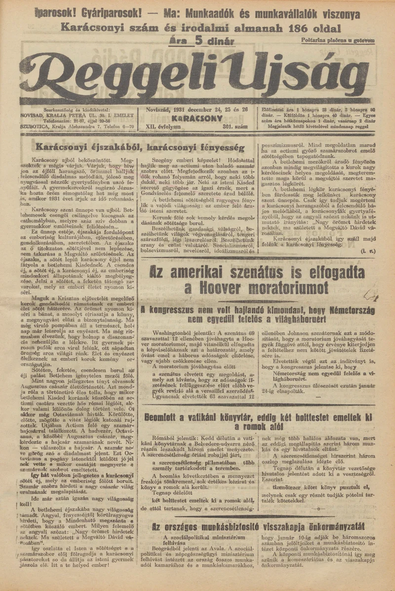 Reggeli Újság, 12. évf. 1931. december 24. – 26. 301. sz.