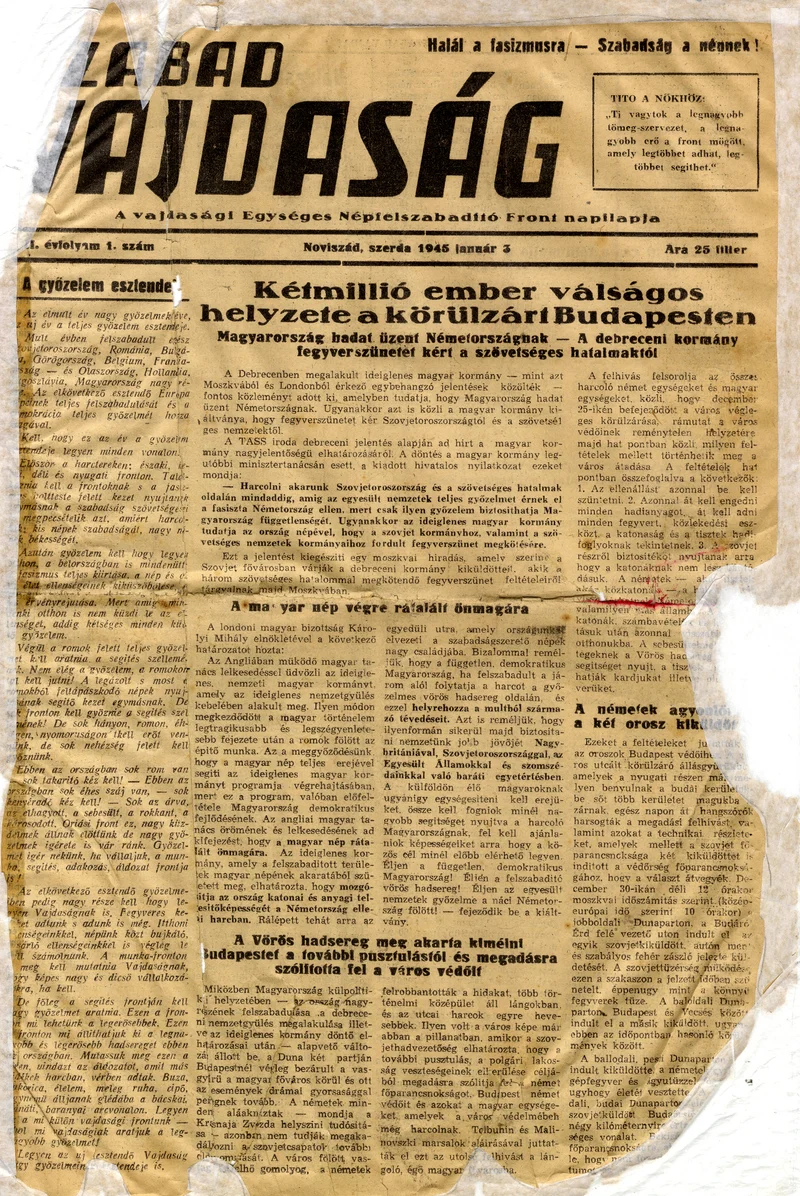 Szabad Vajdaság, 2. évf. 1945. január 3. 1. sz.