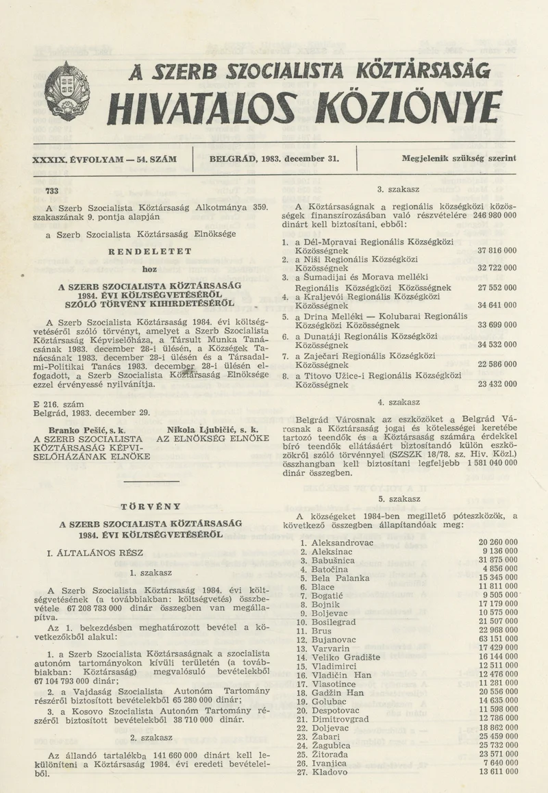 A Szerb Szocialista Köztársaság Hivatalos Közlönye, 39. évf. 1983. december 31. 54. sz.