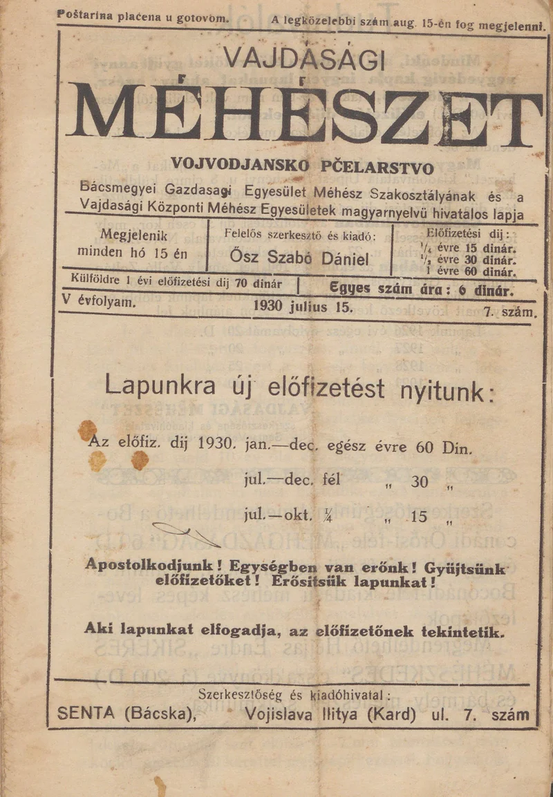 Vajdasági méhészet, 5. évf. 1930. július 15. 7. sz.
