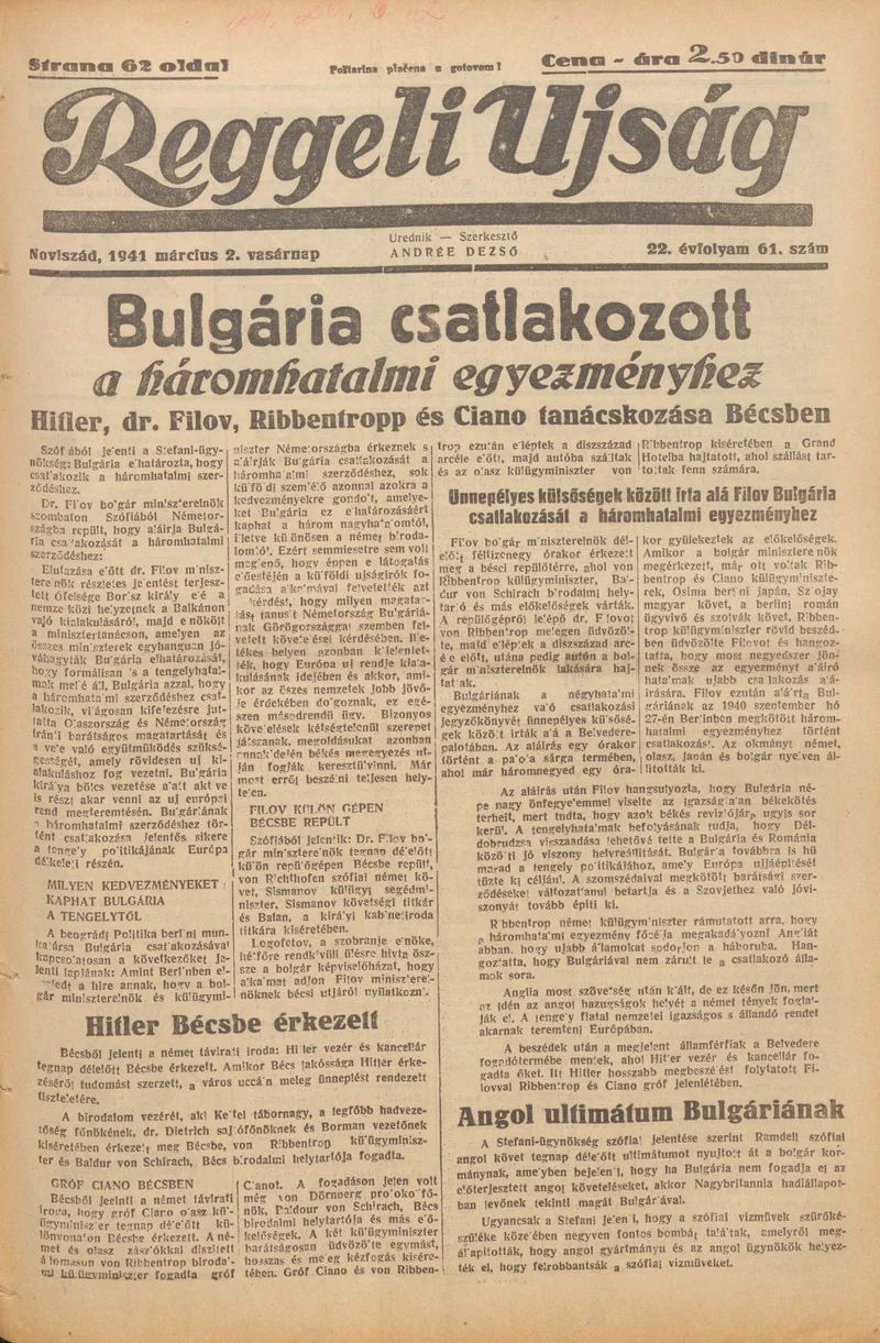 Reggeli Újság, 22. évf. 1941. március 2. 61. sz.