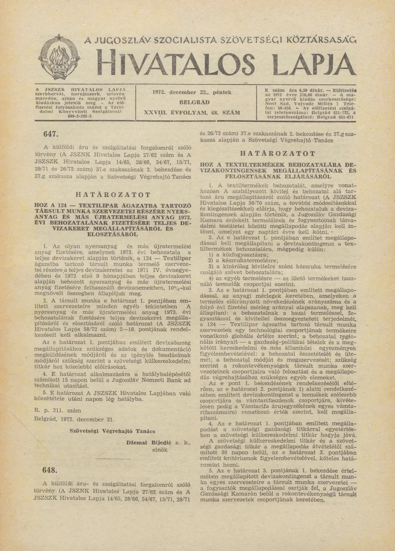 A Jugoszláv Szocialista Szövetségi Köztársaság Hivatalos Lapja, 28. évf. 1972. december 22. 68. sz. 1317–1320. oldal