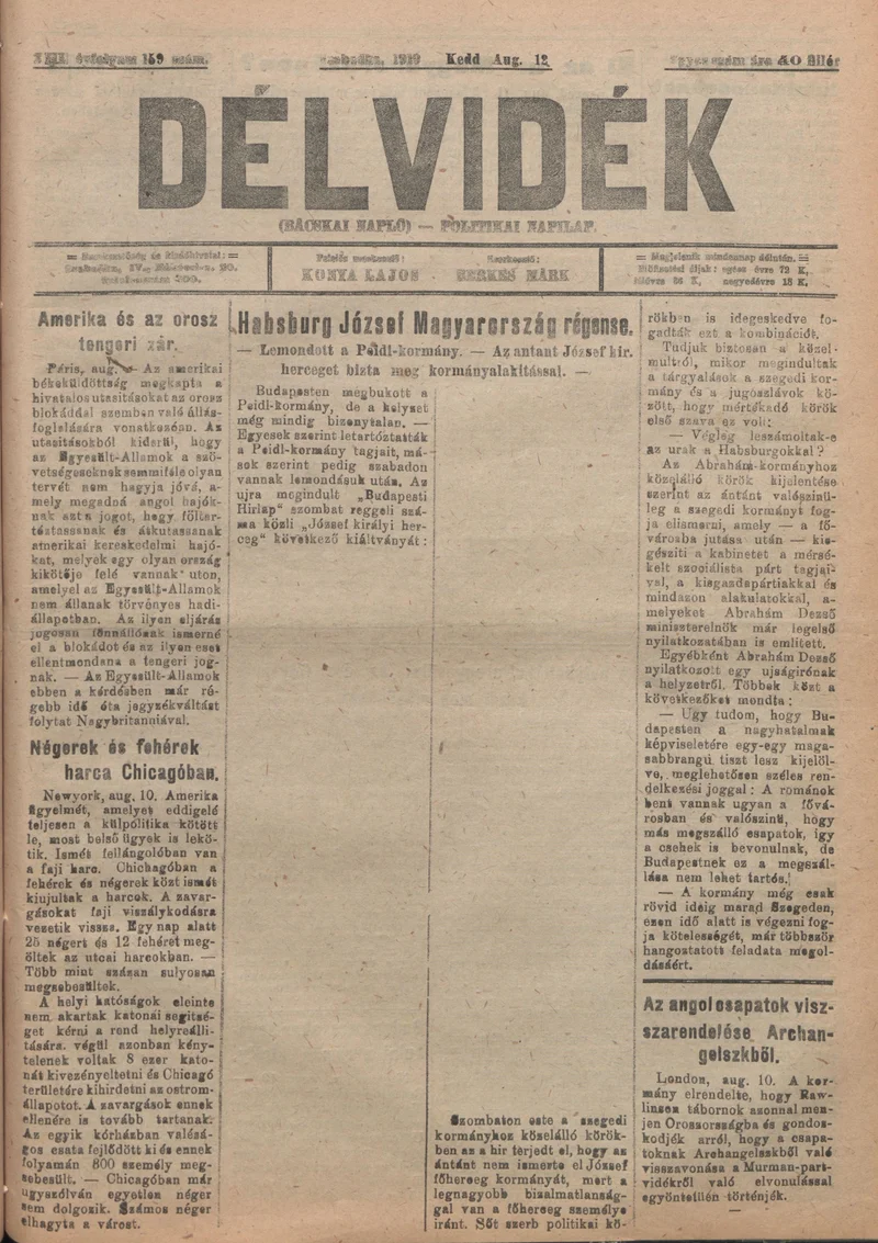 Délvidék, 13. évf. 1919. augusztus 12. 159. sz.