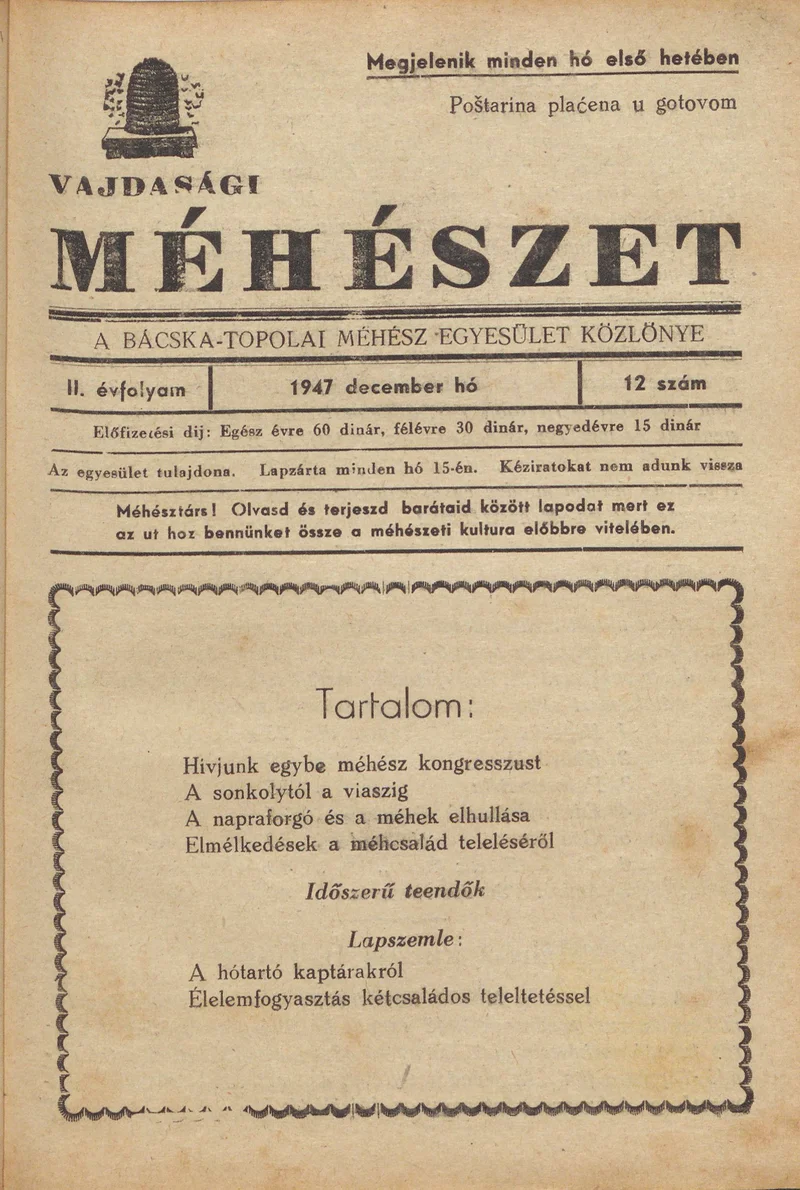 Vajdasági méhészet Bácska Topolya, 2. évf. 1947. december 1. 12. sz.