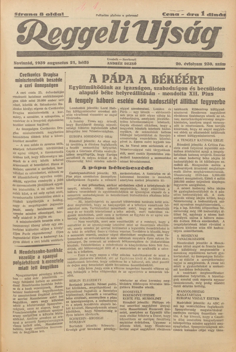 Reggeli Újság, 20. évf. 1939. augusztus 21. 230. sz.