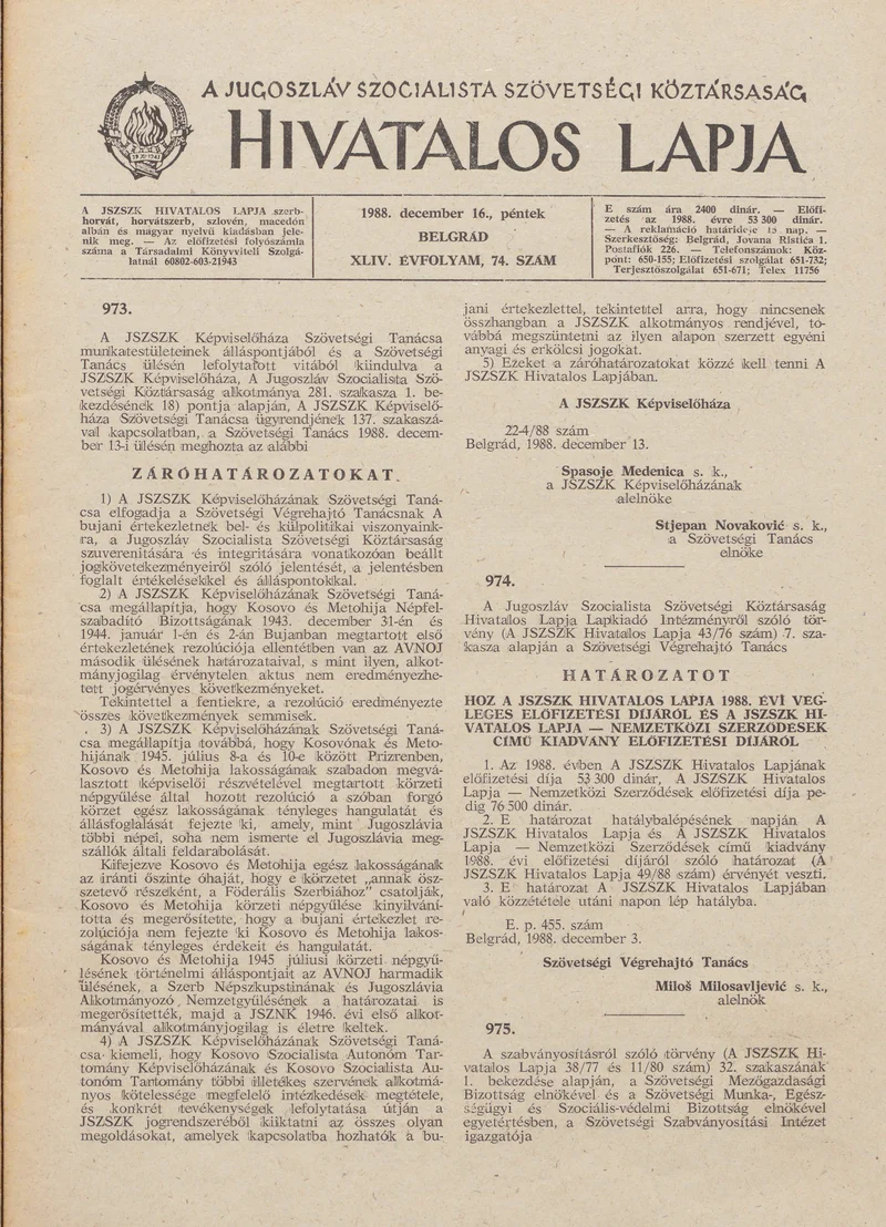 A Jugoszláv Szocialista Szövetségi Köztársaság Hivatalos Lapja, 44. évf. 1988. december 16. 74. sz. 1853–1892. oldal