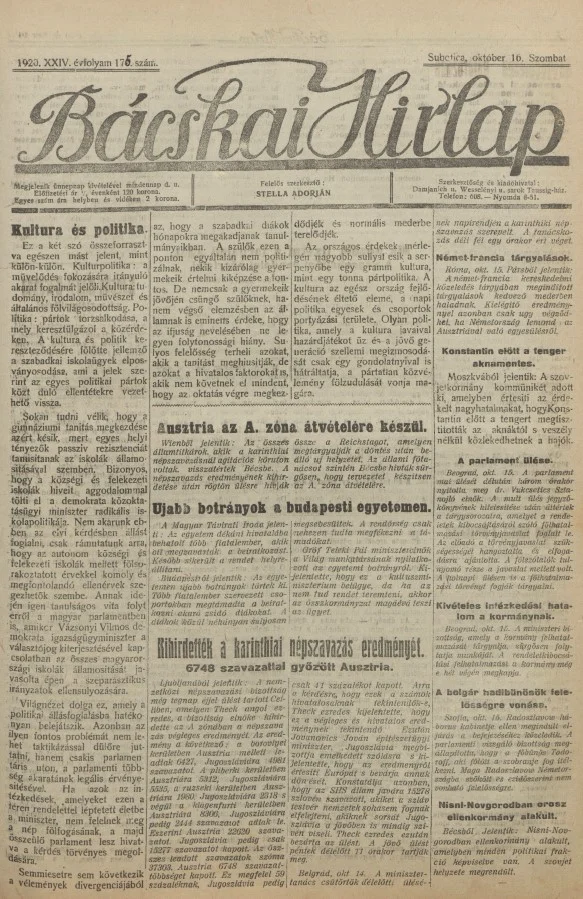 Bácskai Hirlap, 24. évf. 1920. október 16. 175. sz.