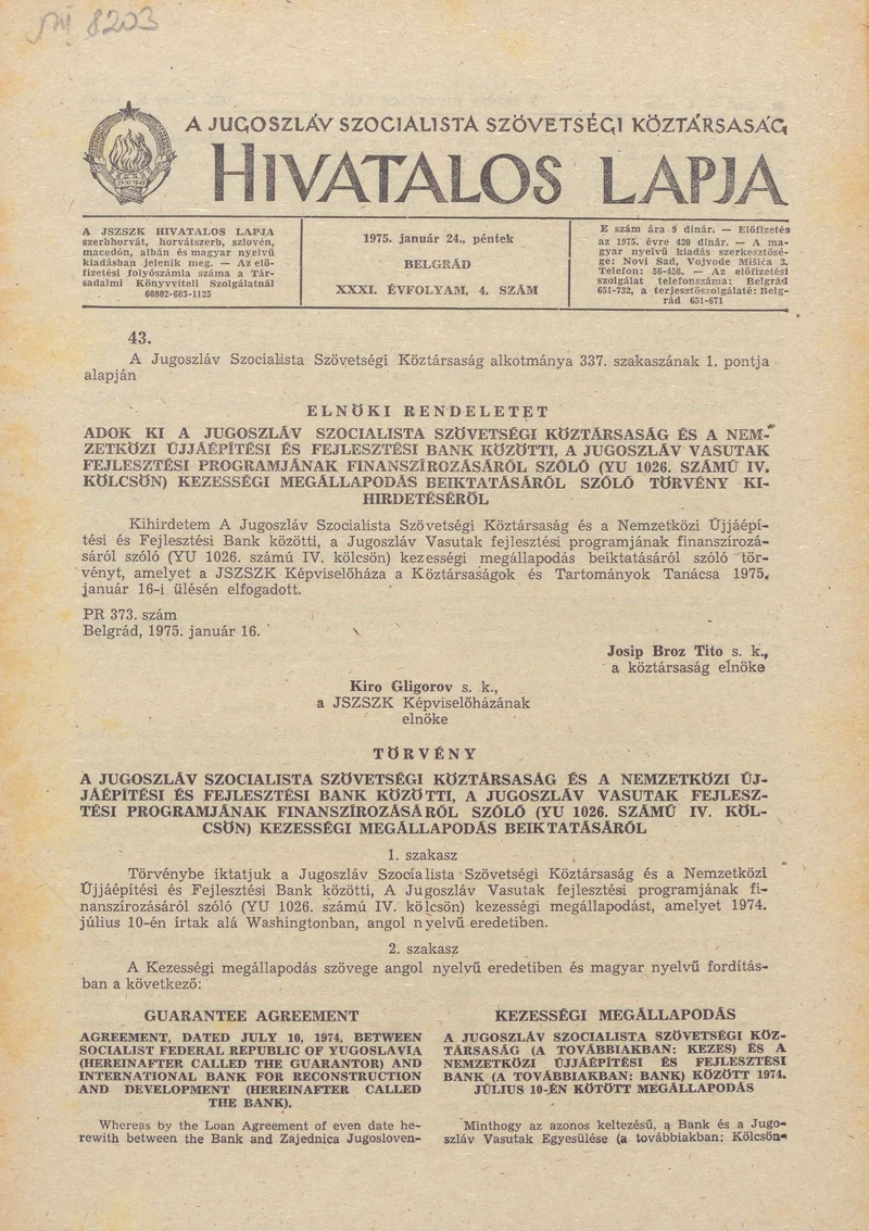 A Jugoszláv Szocialista Szövetségi Köztársaság Hivatalos Lapja, 31. évf. 1975. január 24. 4. sz. 93–128. oldal
