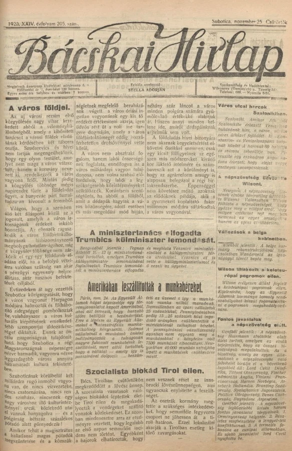 Bácskai Hirlap, 24. évf. 1920. november 25. 205. sz.