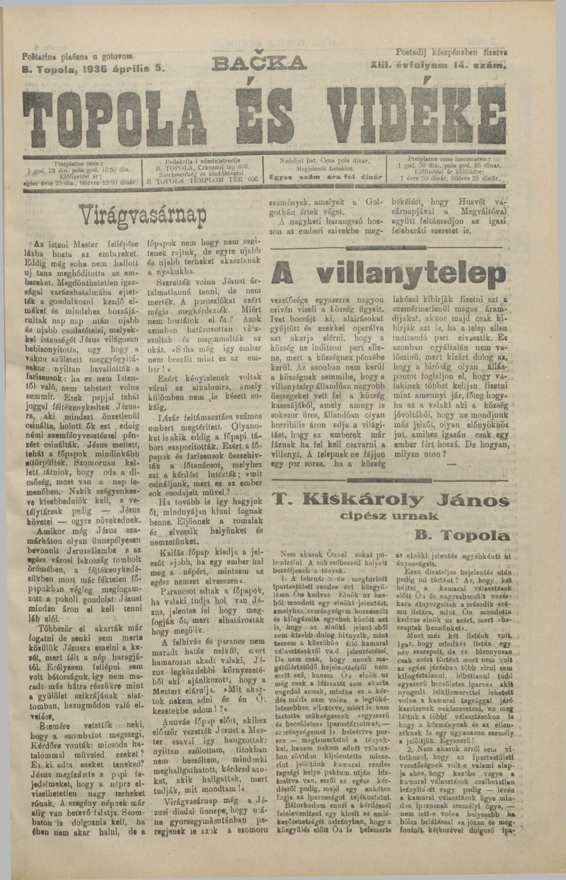 Bačka Topola és Vidéke, 13. évf. 1936. április 5. 14. sz.
