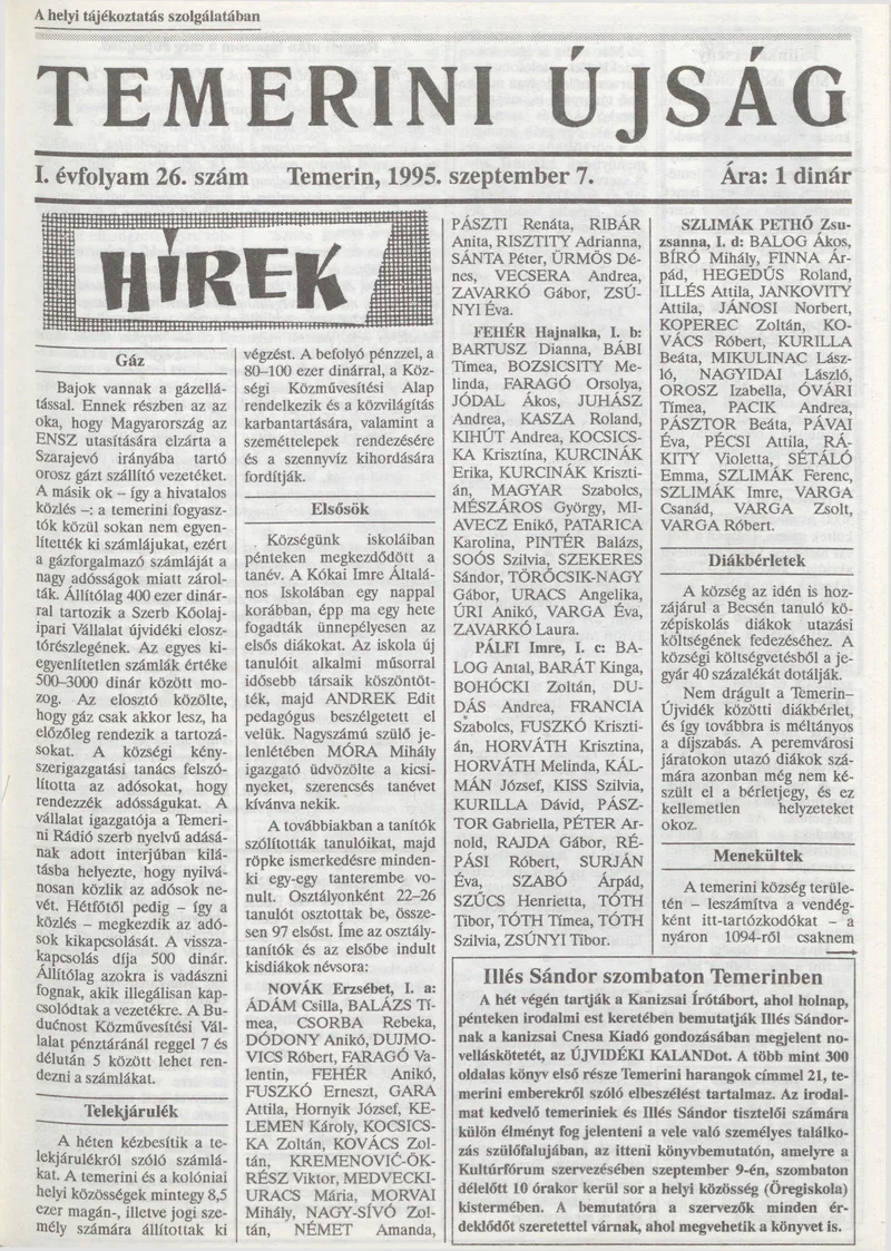 Temerini Újság, 1. évf. 1995. szeptember 7. 26. sz.