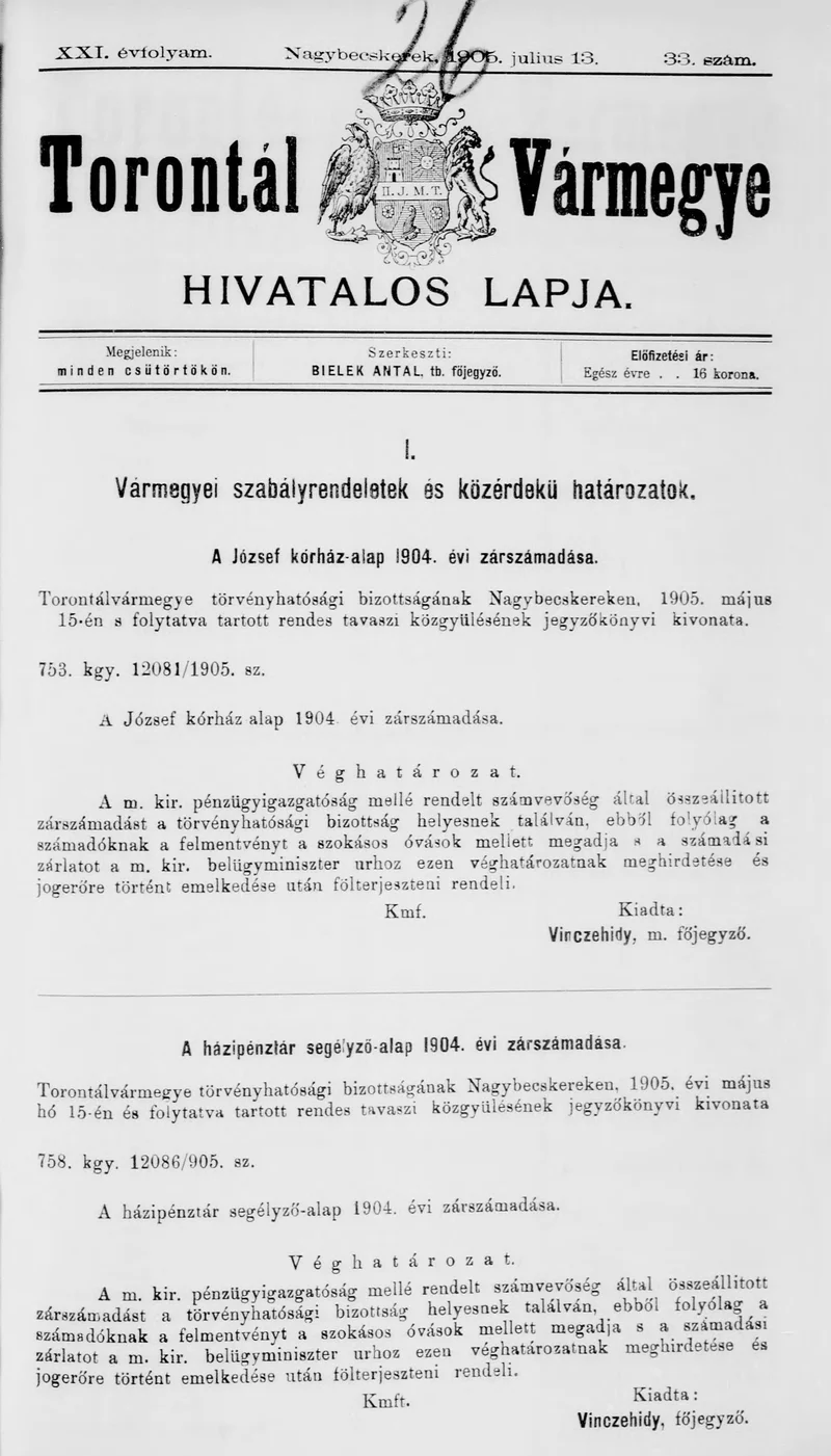 Torontál Vármegye Hivatalos Lapja, 21. évf. 1905. július 13. 33. sz.