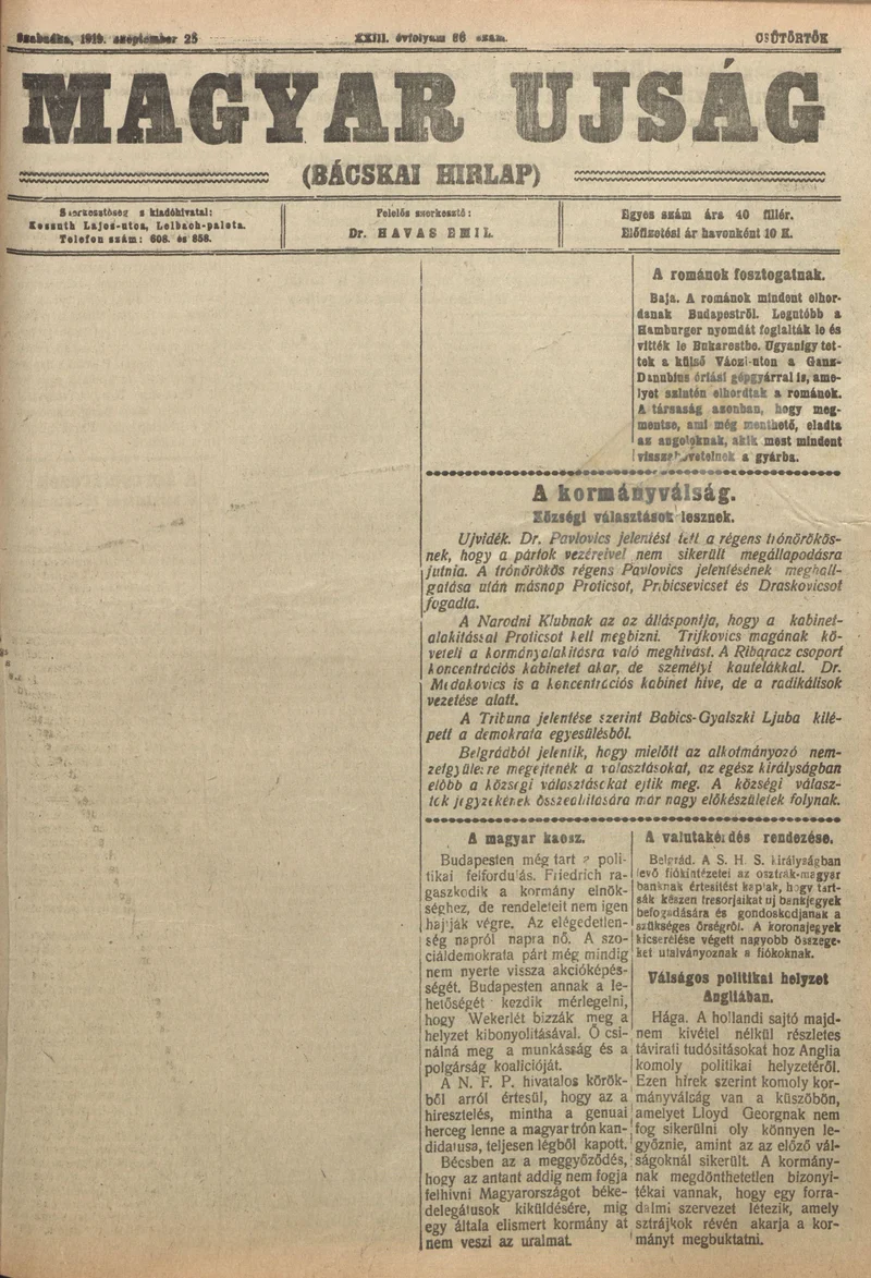 Bácskai Hirlap, 23. évf. 1919. szeptember 25. 86. sz.