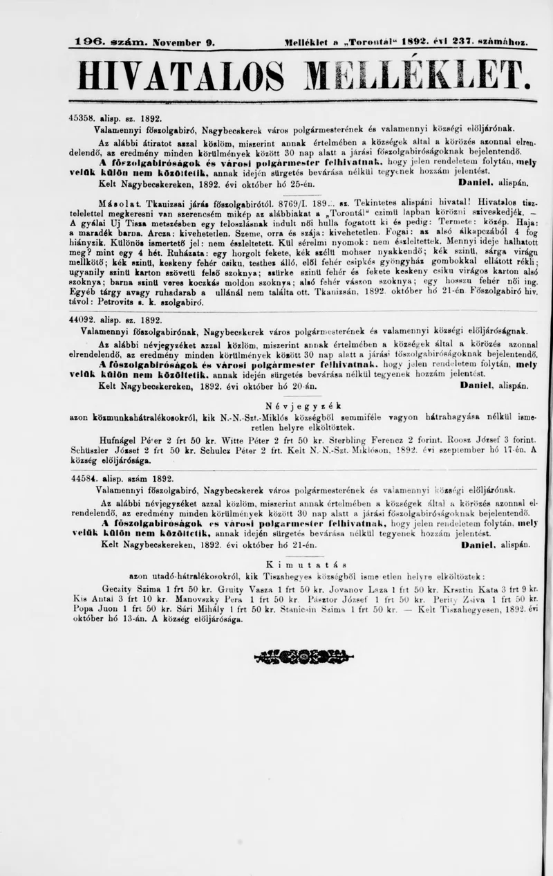 A Totontál  hivatalos melléklete, 5. évf. 1892. november 9. 196. sz.