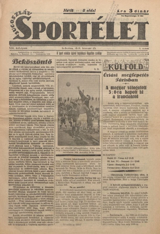 Jugoszláv sportélet, 8. évf. 1929. február 25. 1. sz.