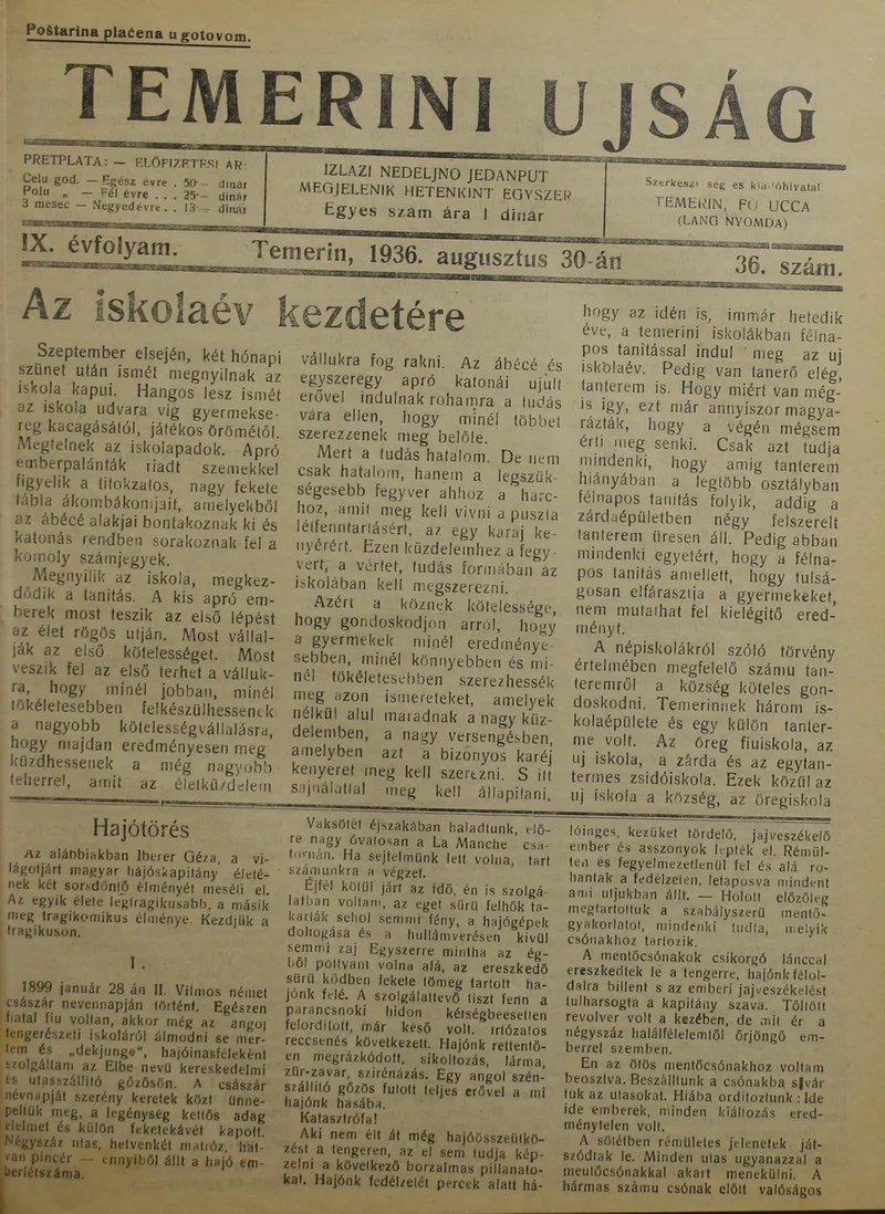 Temerini Újság 1928-1944, 9. évf. 1936. augusztus 30. 36. sz.