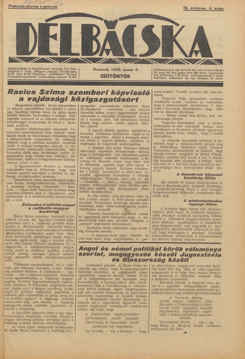 Délbácska, 9. évf. 1928. január 5. 4. sz.