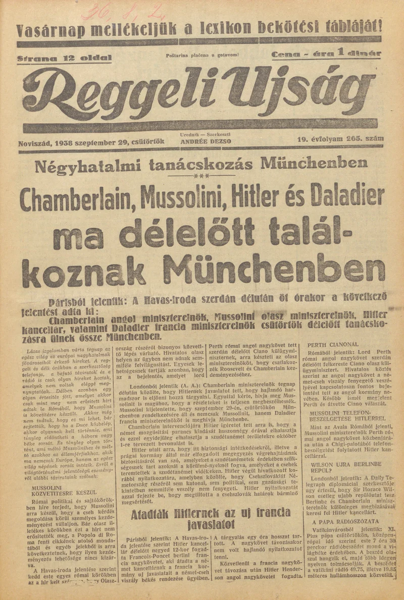 Reggeli Újság, 19. évf. 1938. szeptember 29. 265. sz.