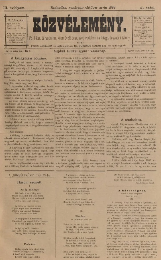 Közvélemény, 3. évf. 1888. október 21. 43. sz.
