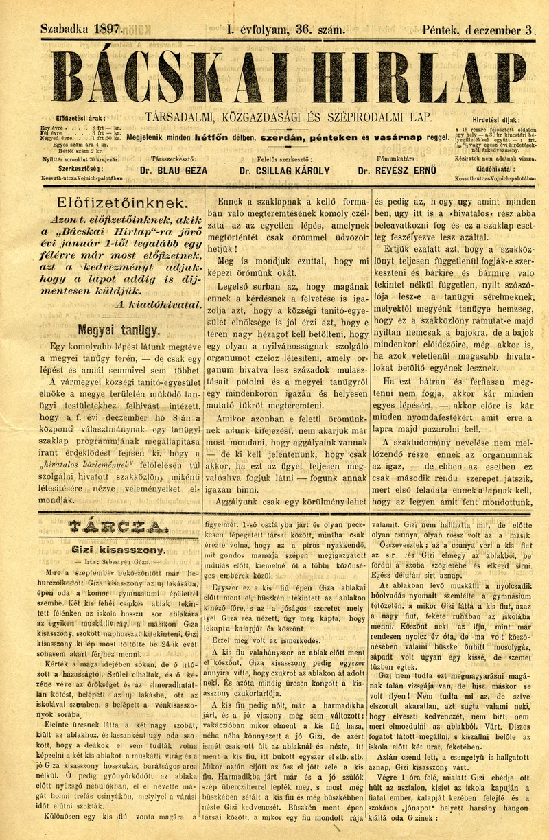 Bácskai Hirlap, 1. évf. 1897. december 3. 36. sz. 1–4. oldal