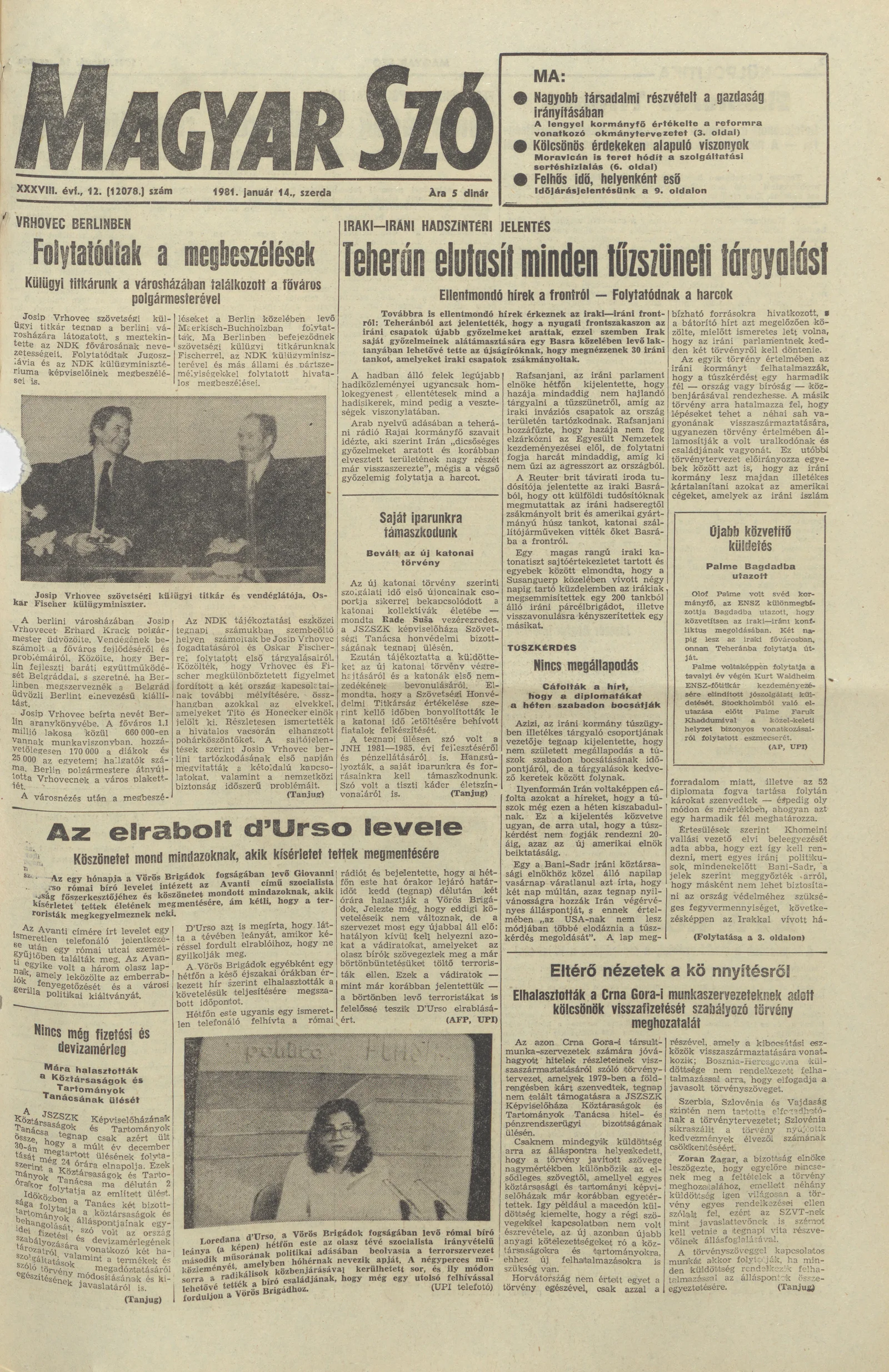 Magyar Szó, 38. évf. 1981. január 14. 12. sz. 1–20. oldal