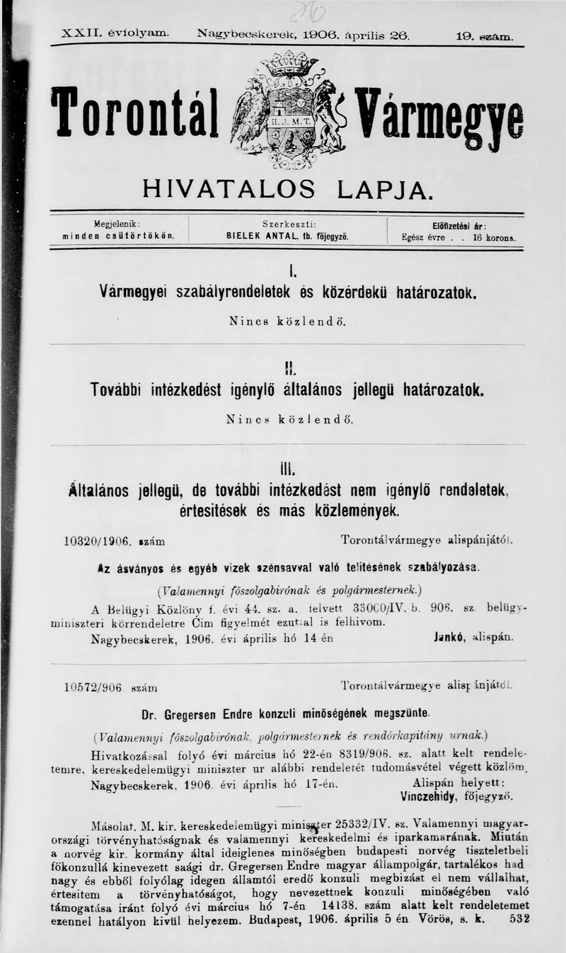 Torontál Vármegye Hivatalos Lapja, 22. évf. 1906. április 26. 19. sz.