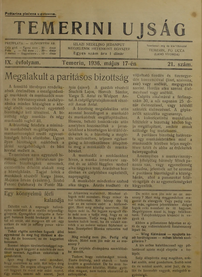 Temerini Újság 1928-1944, 9. évf. 1936. május 17. 21. sz.