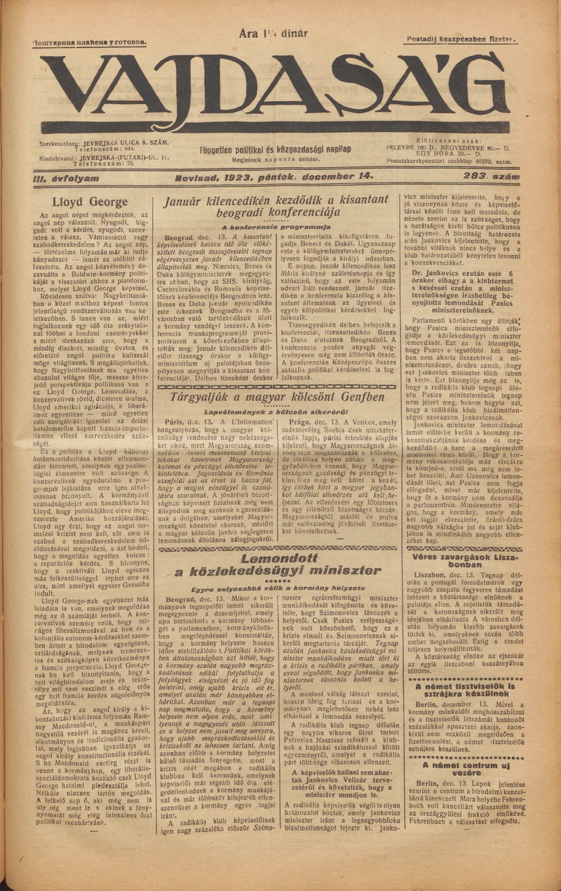 Vajdaság, 3. évf. 1923. december 14. 283. sz.