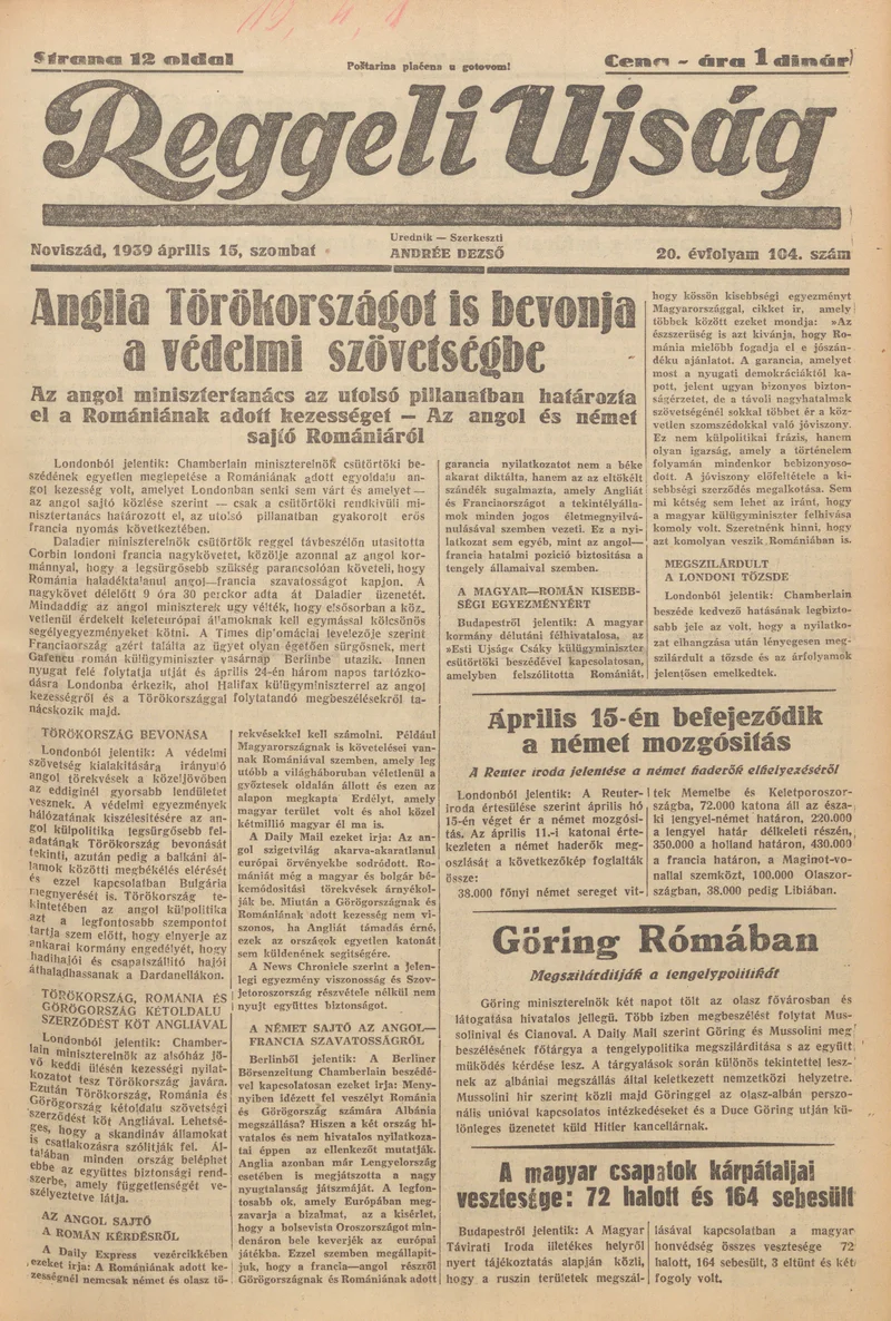 Reggeli Újság, 20. évf. 1939. április 15. 104. sz.