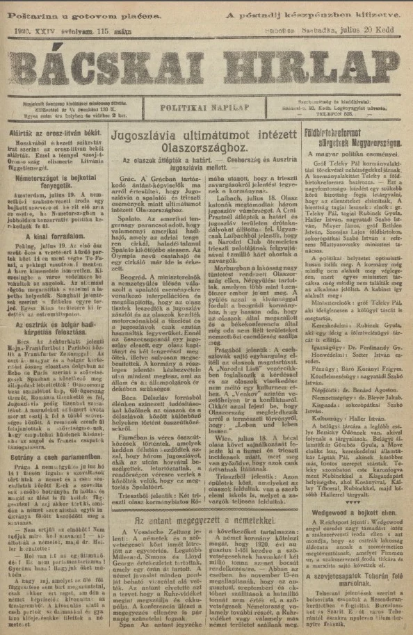 Bácskai Hirlap, 24. évf. 1920. július 20. 115. sz.