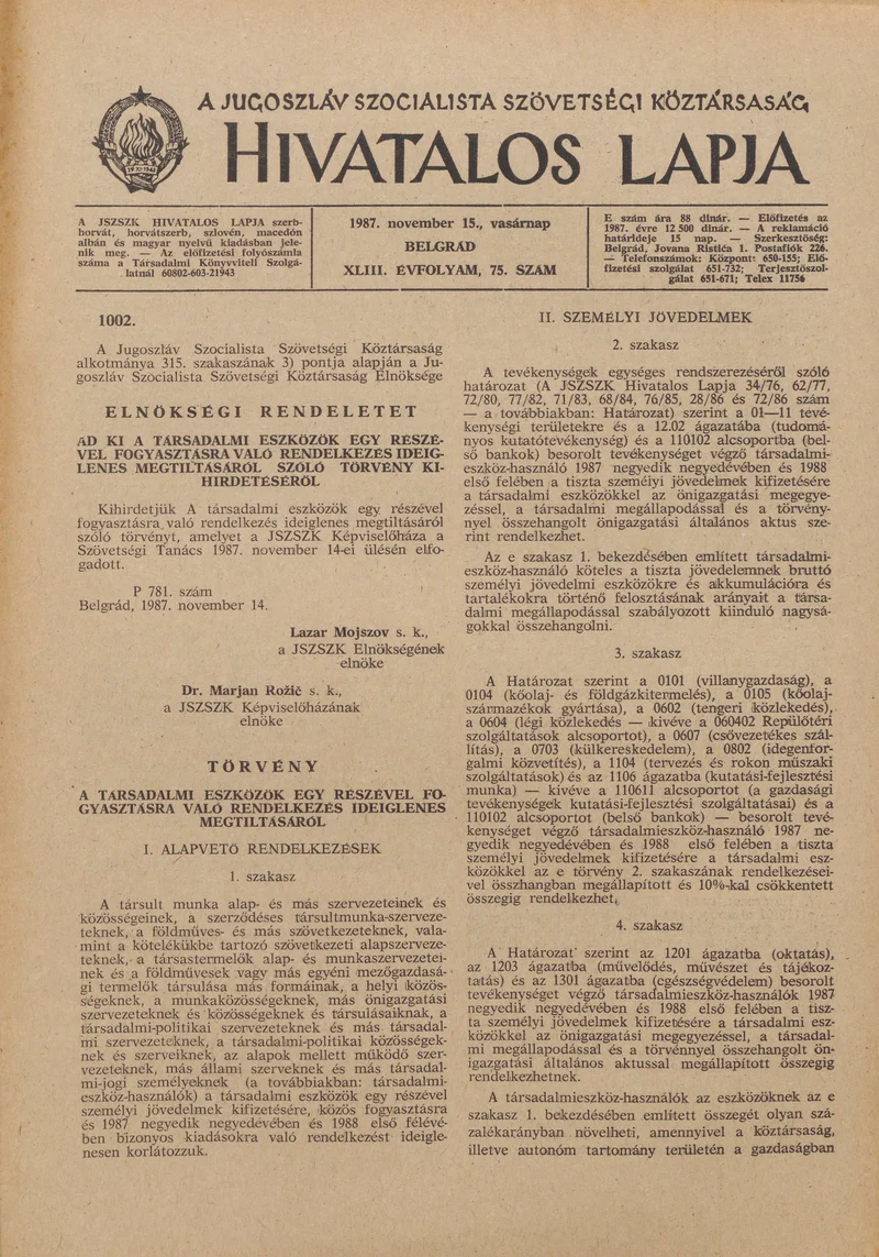 A Jugoszláv Szocialista Szövetségi Köztársaság Hivatalos Lapja, 43. évf. 1987. november 15. 75. sz. 1773–1780. oldal