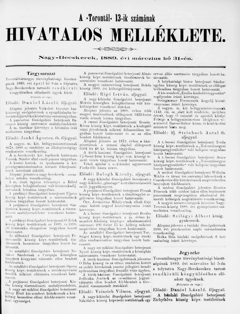 A Totontál  hivatalos melléklete, 2. évf. 1889. március 31. 13. sz.