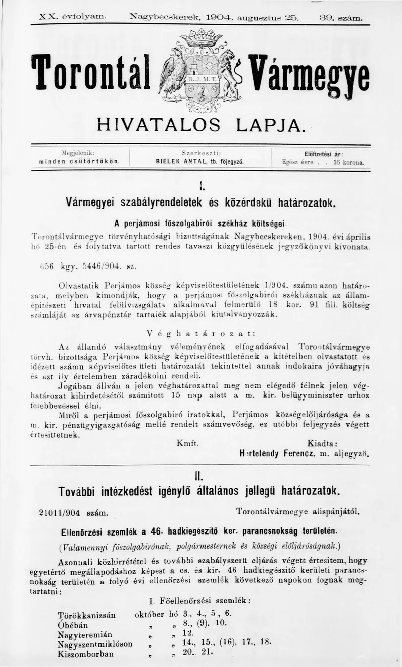 Torontál Vármegye Hivatalos Lapja, 20. évf. 1904. augusztus 25. 39. sz.