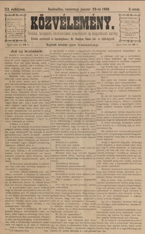 Közvélemény, 3. évf. 1888. január 29. 5. sz.