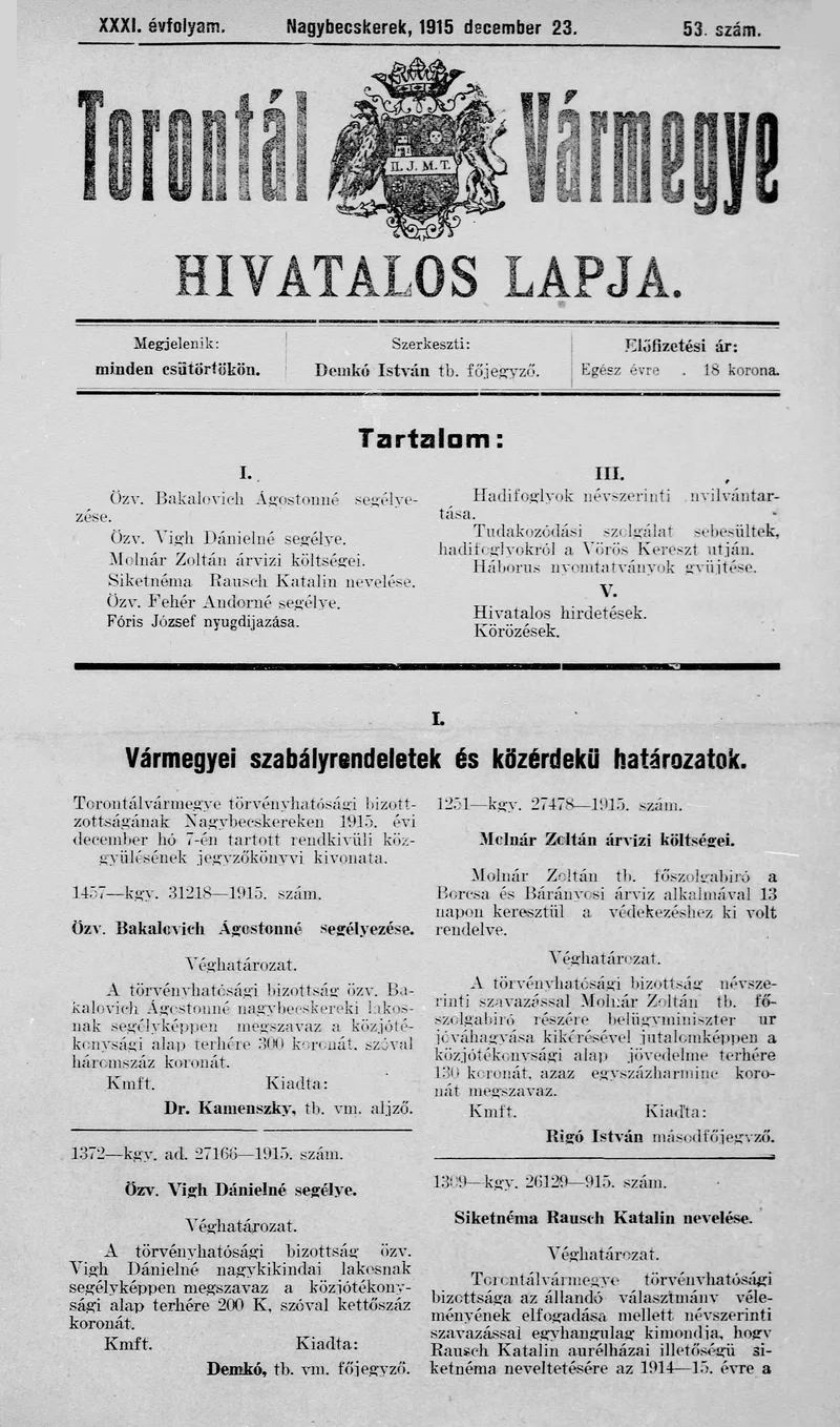 Torontál Vármegye Hivatalos Lapja, 31. évf. 1915. december 23. 53. sz.