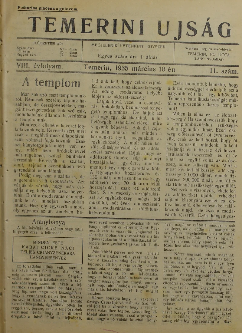 Temerini Újság 1928-1944, 8. évf. 1935. március 10. 11. sz.
